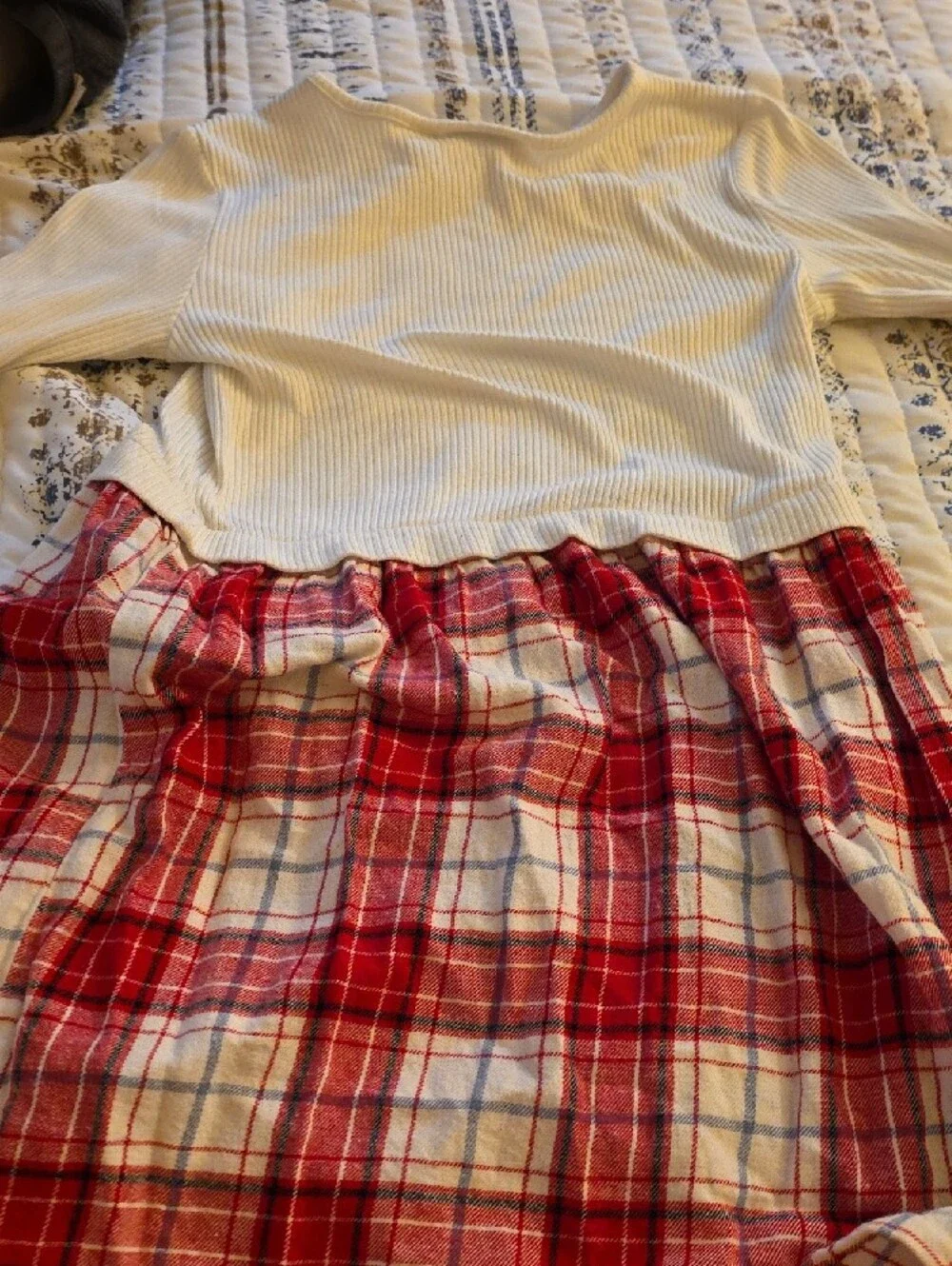 The Children's Place Cream Ribbed Top with Red Plaid Skirt Dress